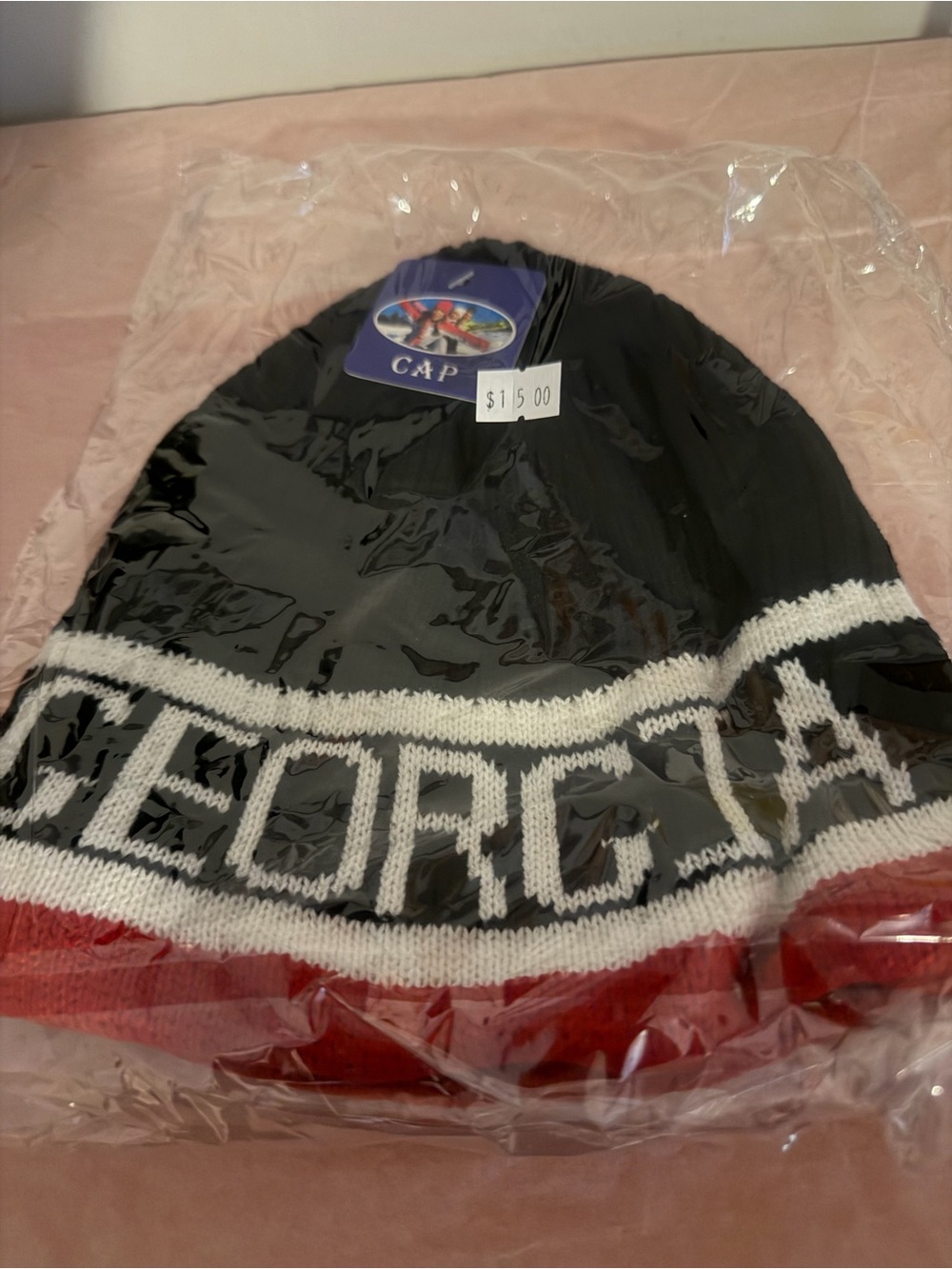 Men's Black, White & Red Knit Beanie Hat